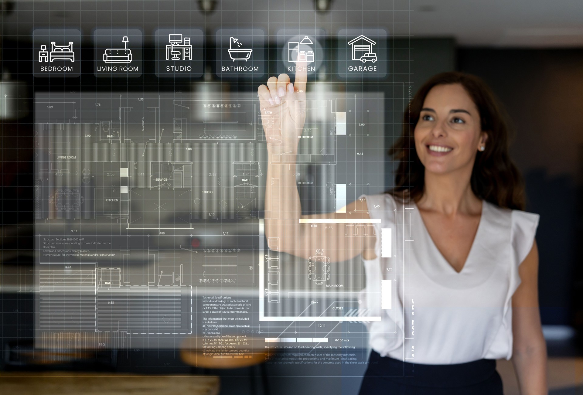 Real estate agent using a digital screen to look at a blueprint