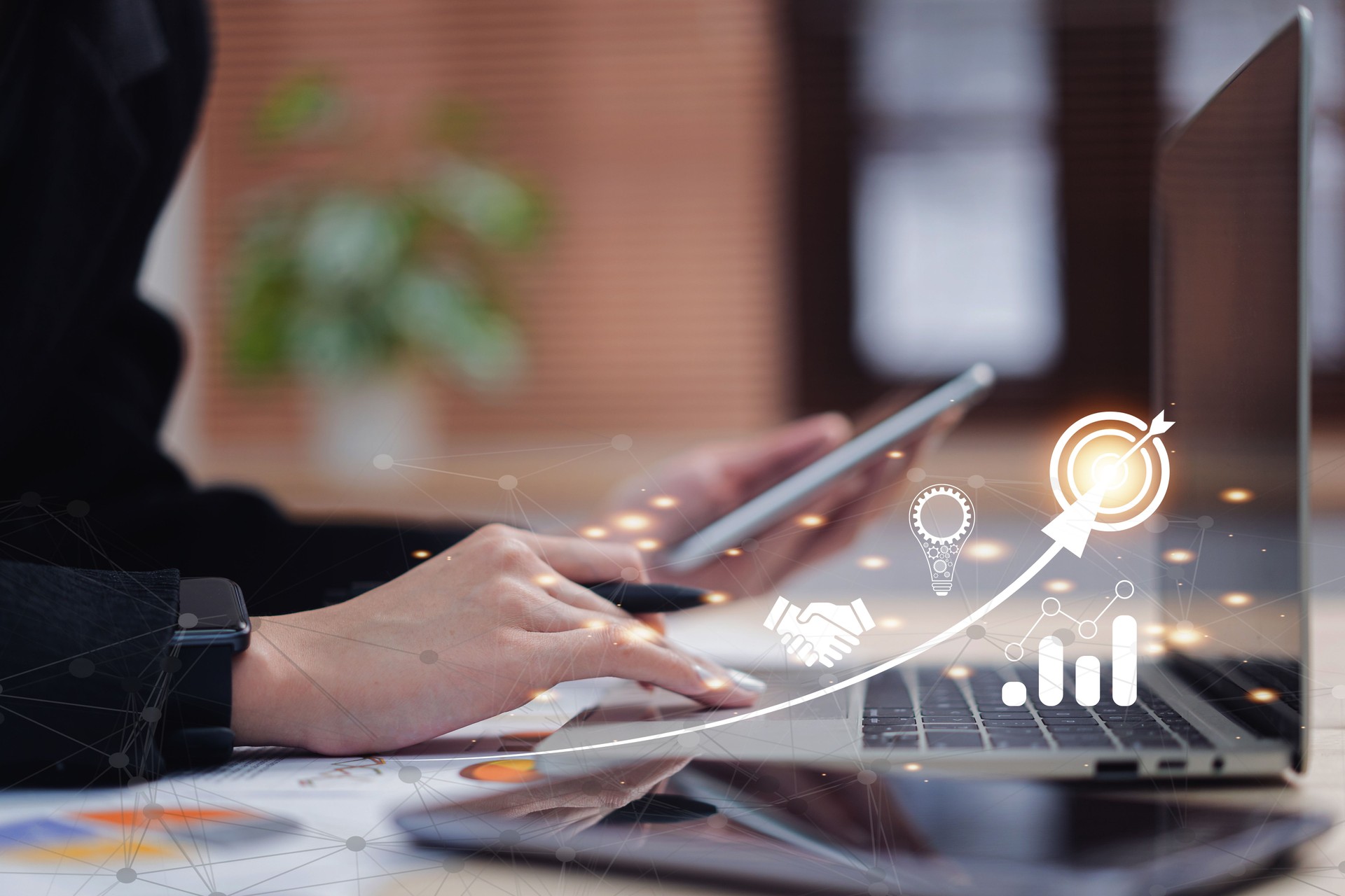 Close up hand of business person with innovation digital cyber technology with cloud, internet and futuristic. New business strategy with technology big data and customer service management
